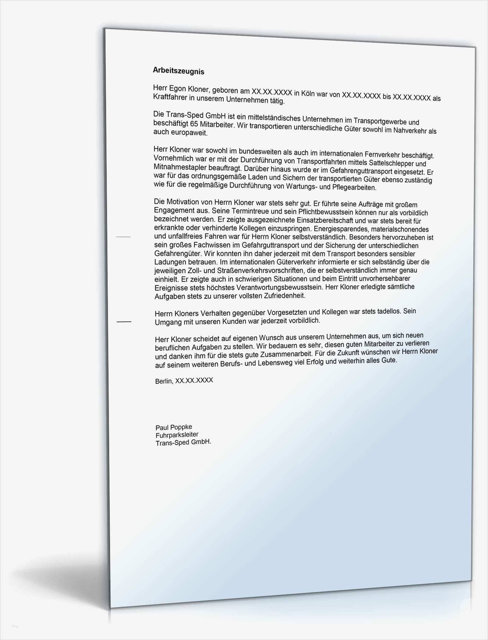 Vorlage Gutes Arbeitszeugnis Großartig Arbeitszeugnis "sehr Gut" Berufskraftfahrer In