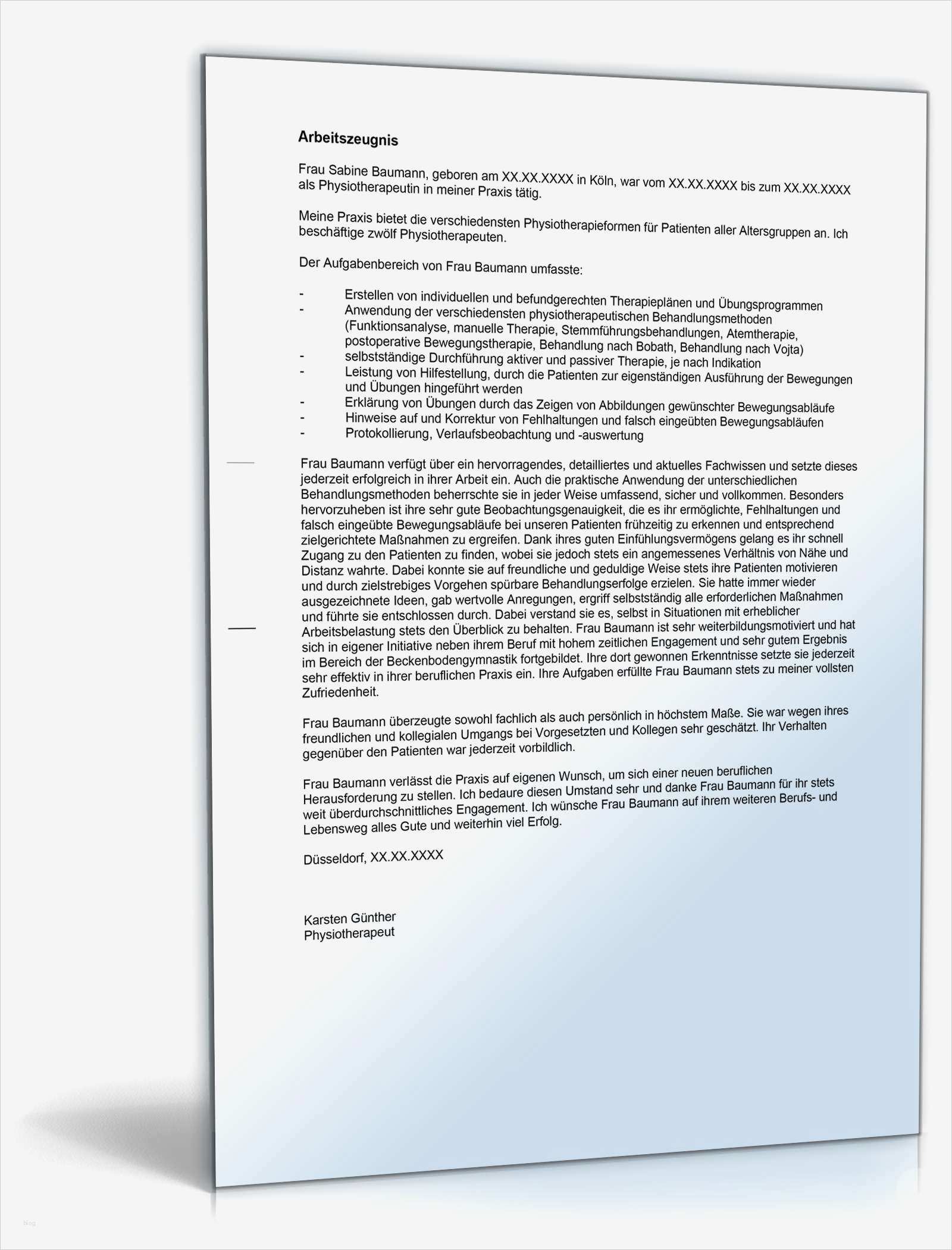 Vorlage Gutes Arbeitszeugnis Neu Arbeitszeugnis Physiotherapeut Note Eins