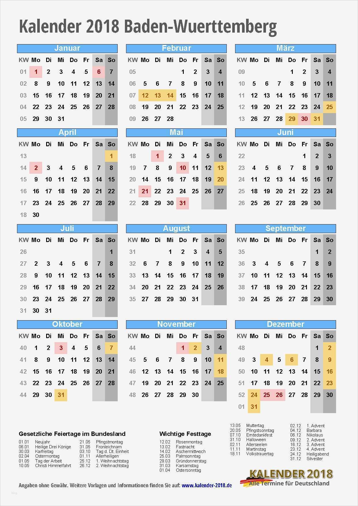Vorlage Kalender 2018 Süß Kalender 2018 Baden Württemberg Zum Ausdrucken Kalender 2018