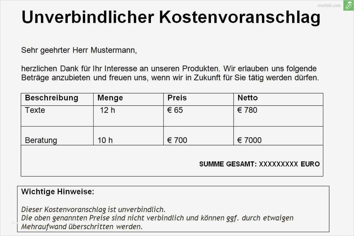 Vorlage Kostenvoranschlag Bewundernswert Gratis Kostenvoranschlag Vorlage & Muster