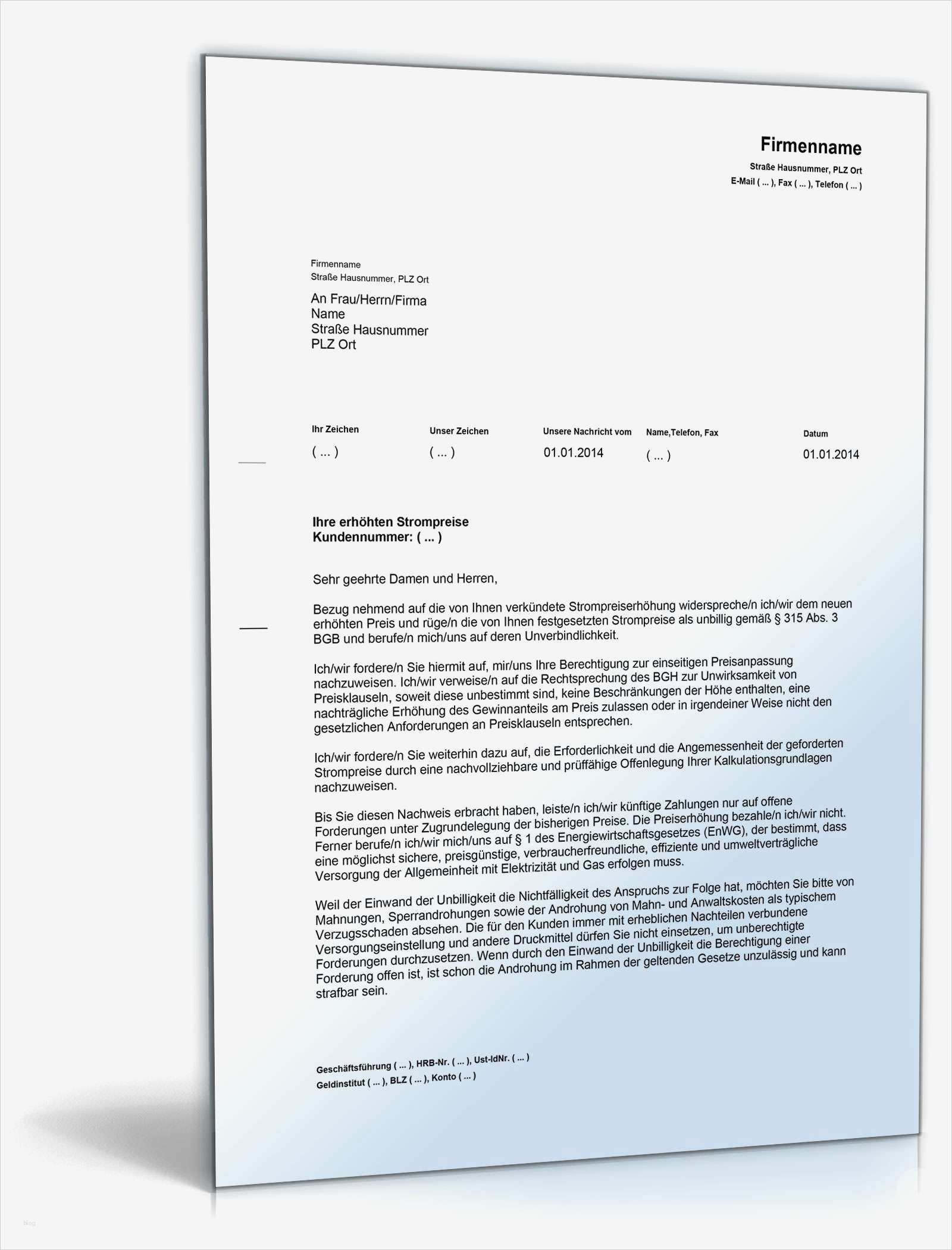 Vorlage Kündigung Stromanbieter Wegen Preiserhöhung Großartig Widerspruch Strompreiserhöhung