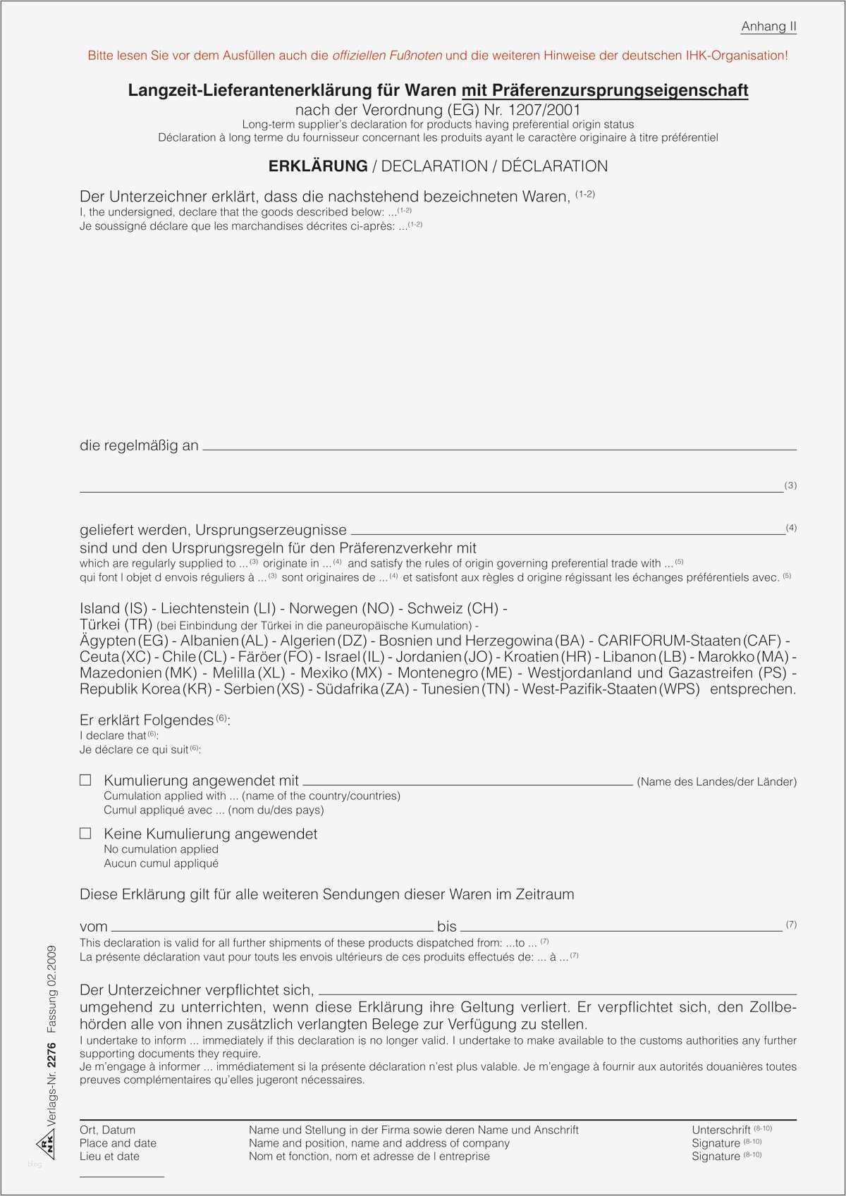 Vorlage Lieferantenerklärung Wunderbar Rnk Verlag Vordruck Langzeit Lieferantenerklärung 2276