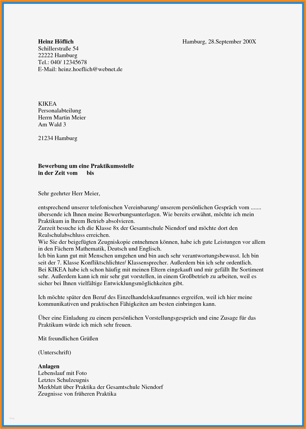 Vorlage Praktikumsbewerbung Fabelhaft 10 Praktikum Bewerbung Vorlage