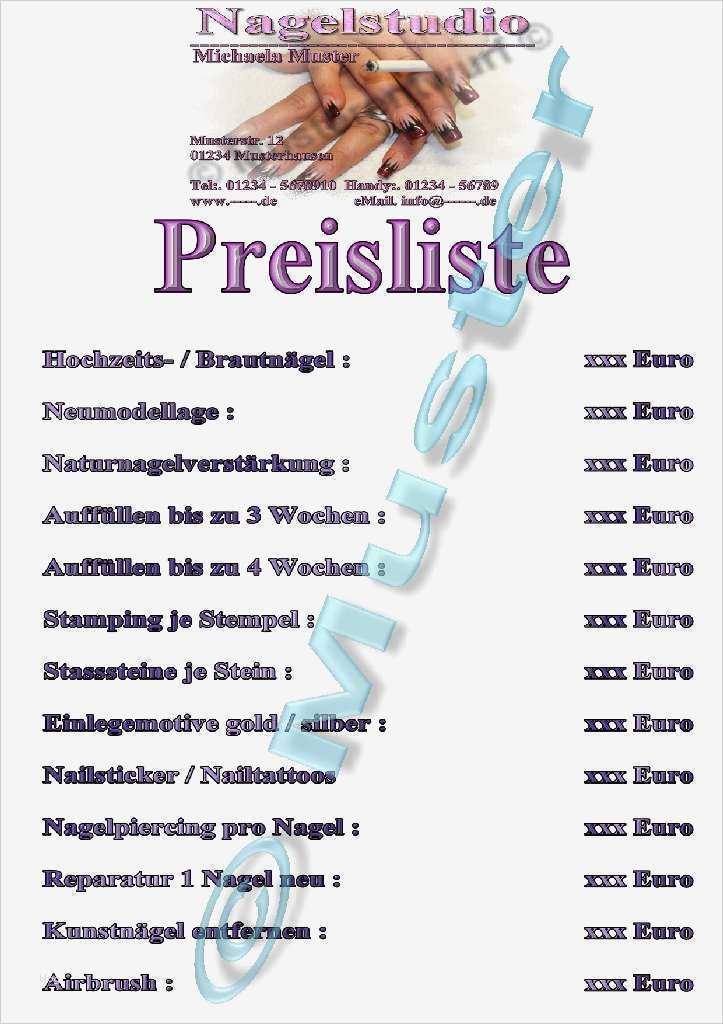 Vorlage Preisliste Getränke Angenehm Preisliste Für Nagelstudio Fingernagelstudio