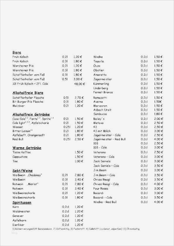 Vorlage Preisliste Getränke Süß Getraenke