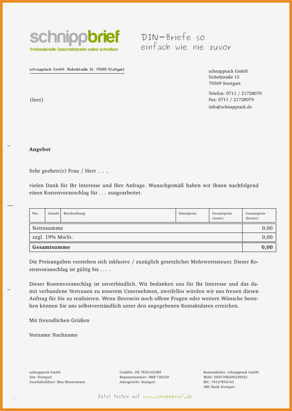 Vorlage Privatrechnung Best Of 9 Muster Kostenvoranschlag