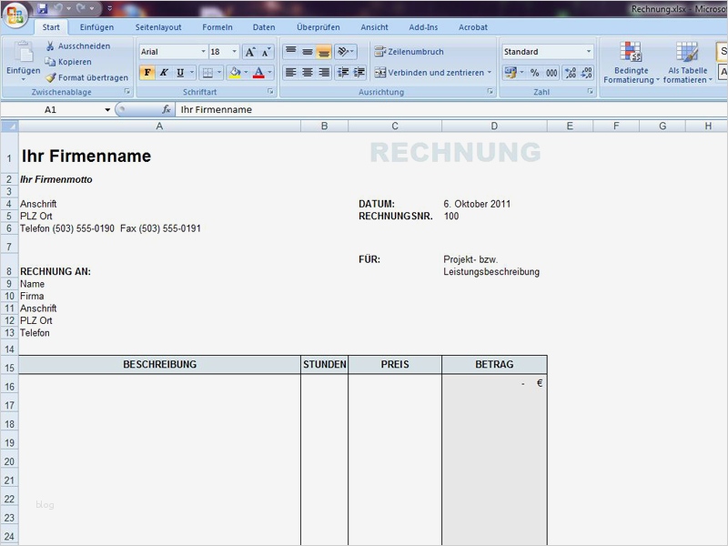 Vorlage Rechnung Excel Erstaunlich Rechnung Für Dienstleistungen