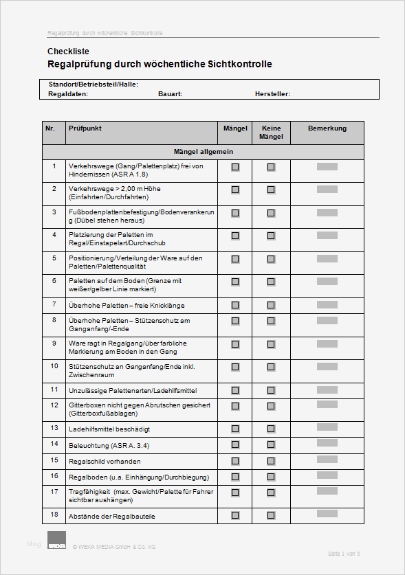 Vorlage Regalprüfung Protokoll Hübsch Checkliste Regalprüfung Durch Wöchentliche Sichtkontrolle