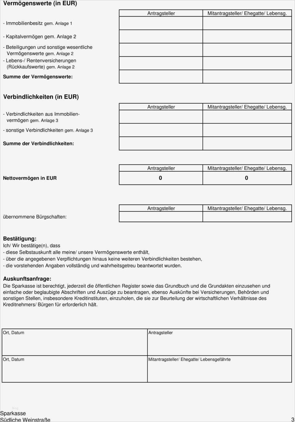 Vorlage Selbstauskunft Angenehm Selbstauskunft Zur Vorlage Bei Der Sparkasse Südliche