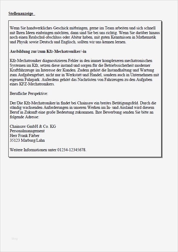 Vorlage Stellenanzeige Erstaunlich Bewerbung Mechatroniker In Ausbildung Muster Vorlage