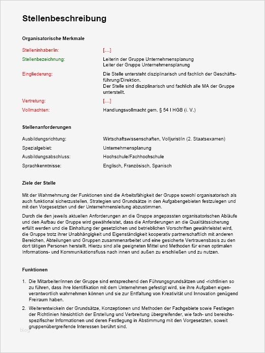 Vorlage Stellenbeschreibung Genial Stellenbeschreibung Unternehmensplanungsgruppenleiter In