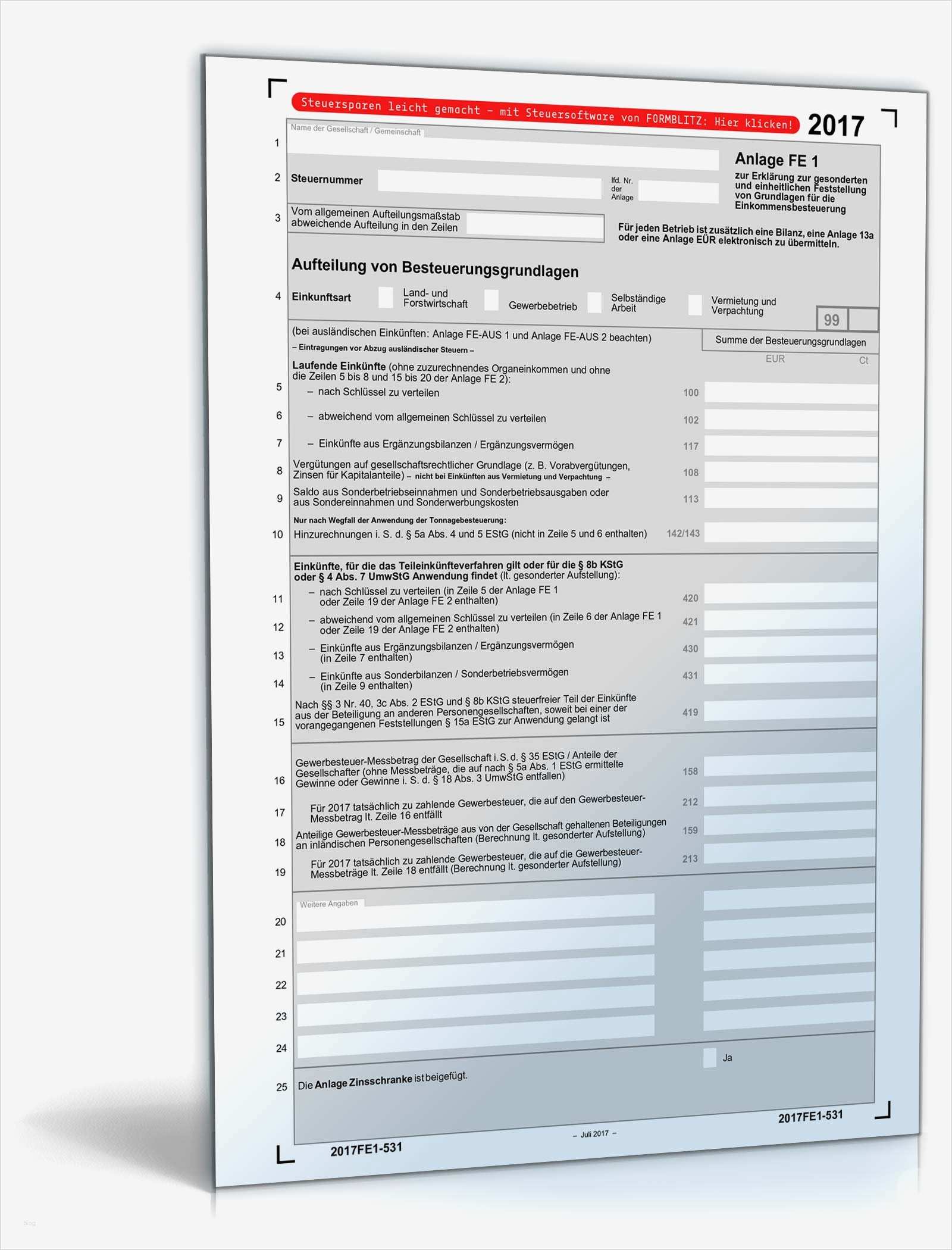 Vorlage Steuererklärung 2017 Fabelhaft Anlage Fe 1 2017