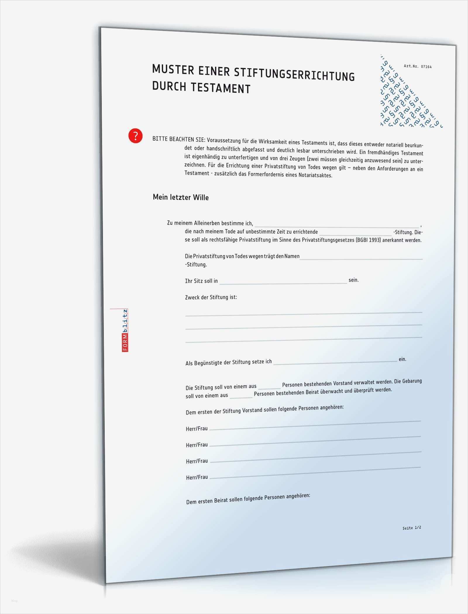 Vorlage Testament Alleinerbe Süß Stiftungserrichtung Durch Testament Muster Vorlage Zum
