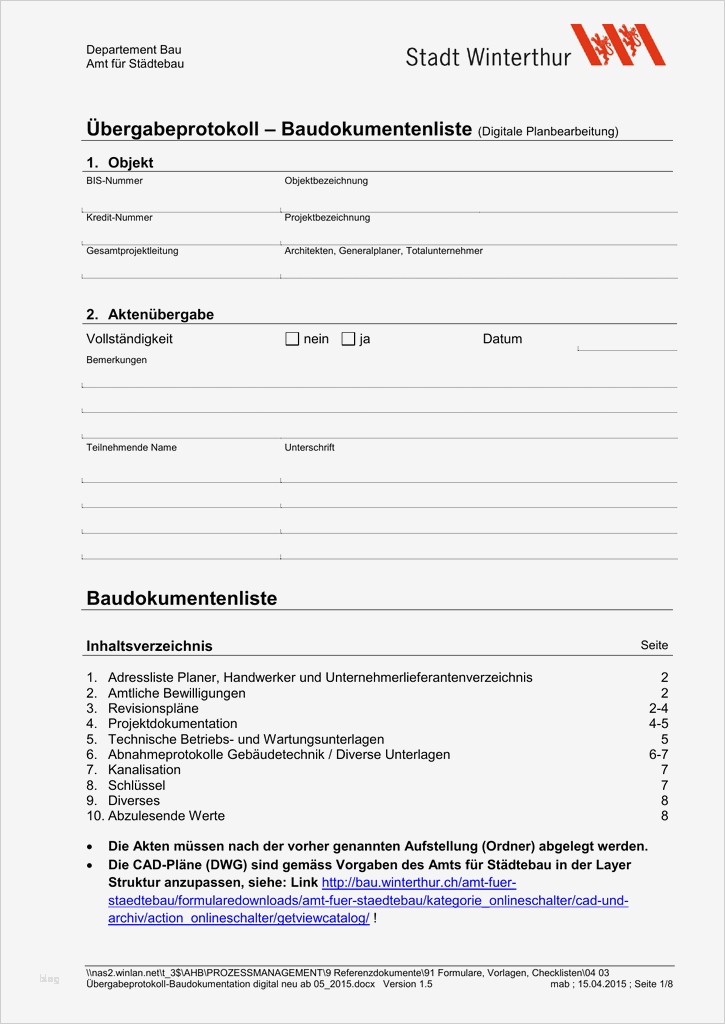Vorlage übergabeprotokoll Großartig Übergabeprotokoll – Baudokumentenliste Digitale