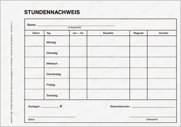 Vorlage Wochenbericht Baustelle Genial Stundennachweise • Patzer Verlag Shop