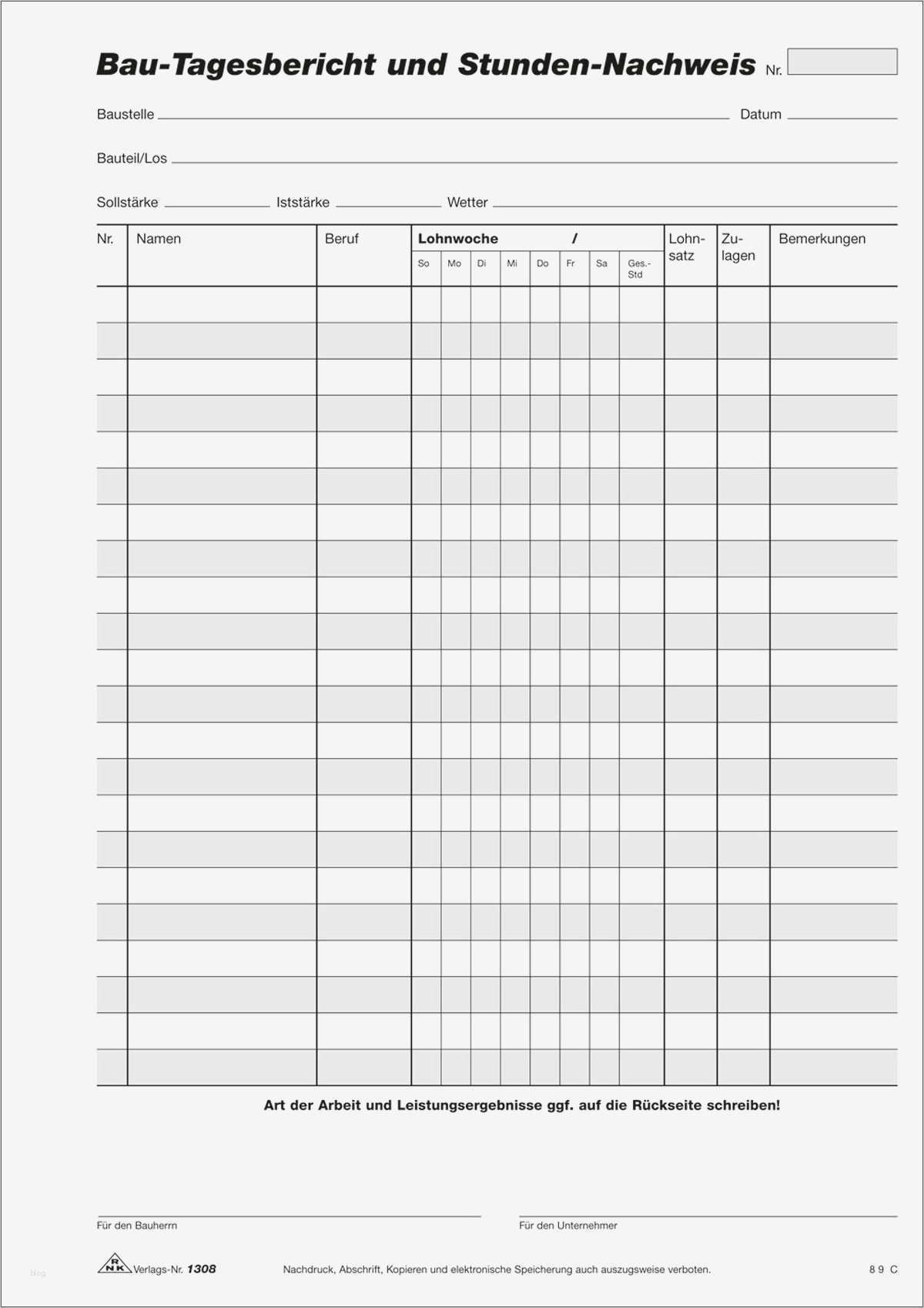 Vorlage Wochenbericht Baustelle Neu Rnk Verlag Vordruck Bau Tagesbericht Und Stundennachweis