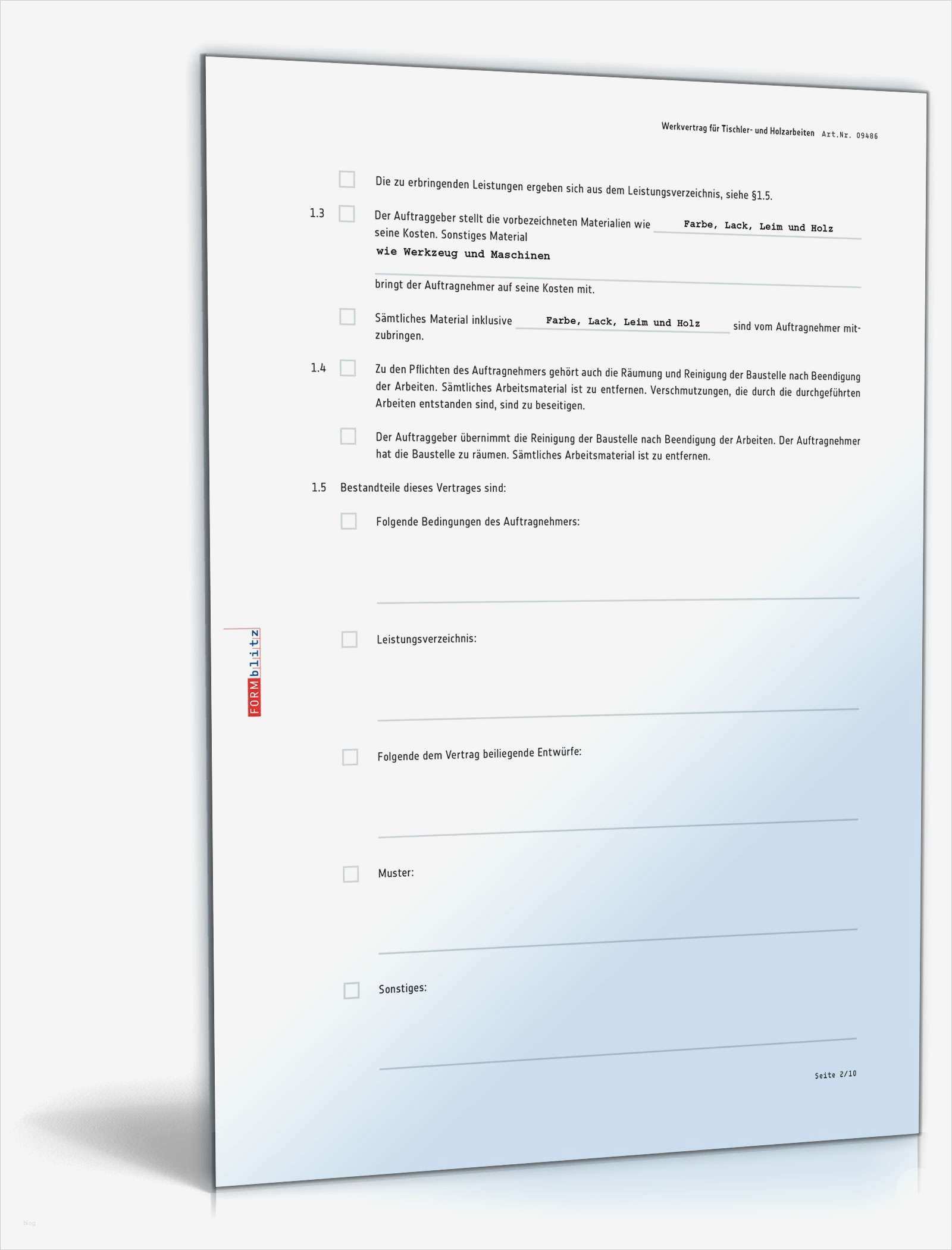Werkvertrag Vorlage Fabelhaft Werkvertrag Tischler