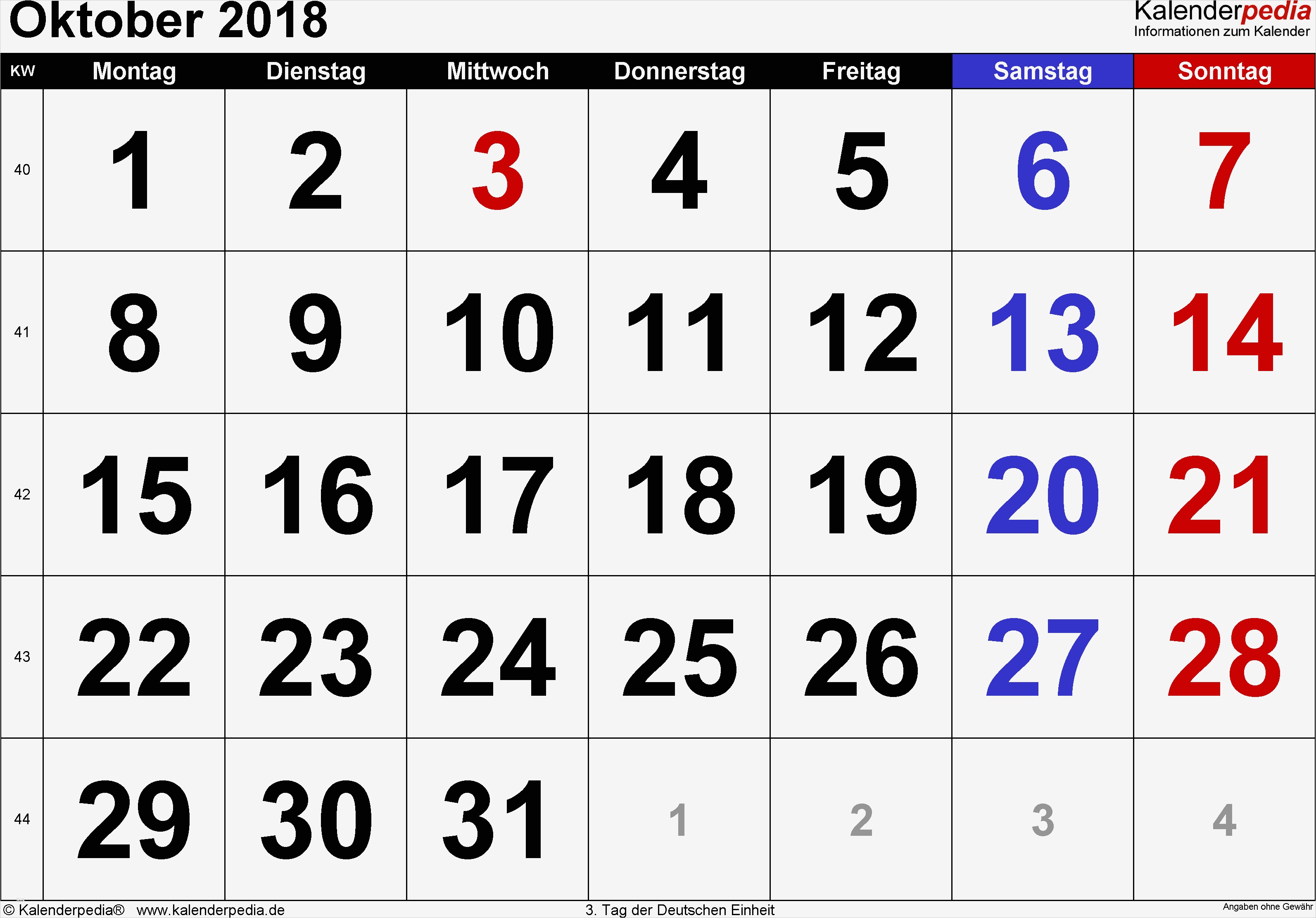 Kalender Oktober 2018 als Word Vorlagen