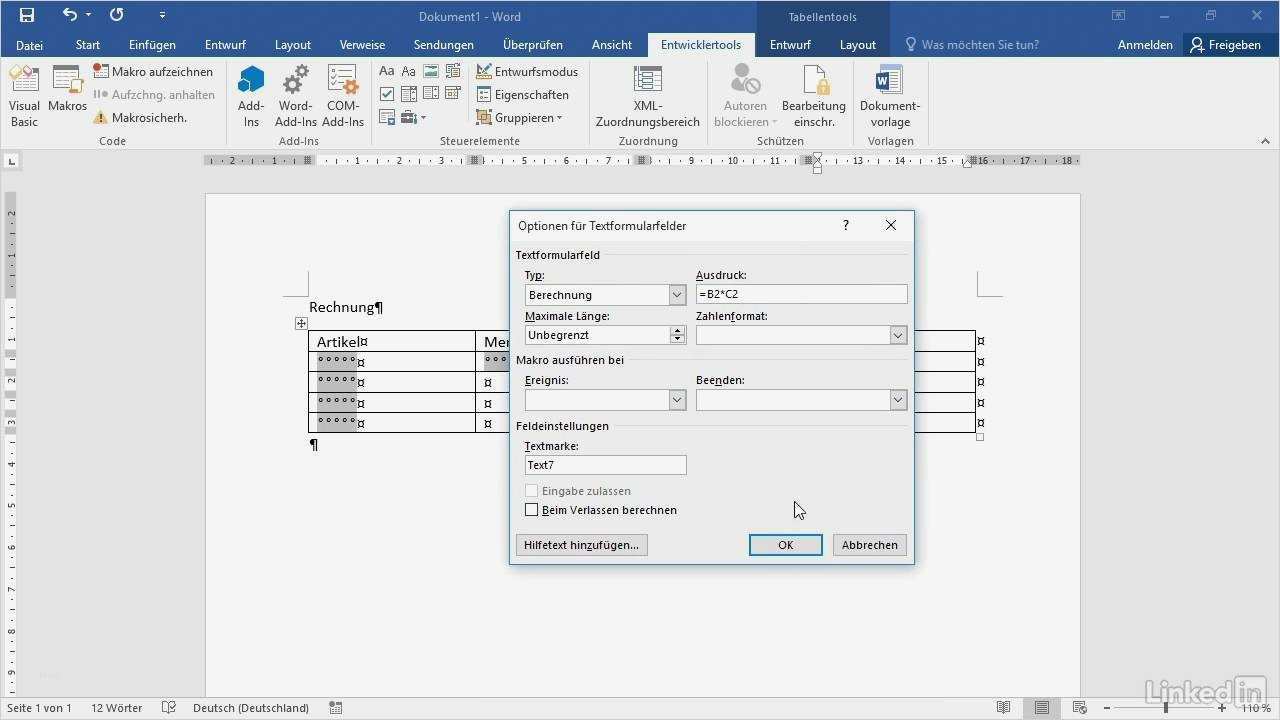 Word Vorlage Mit Makros Erstaunlich Word 2016 formulare Tutorial Mit Textfeldern Rechnen