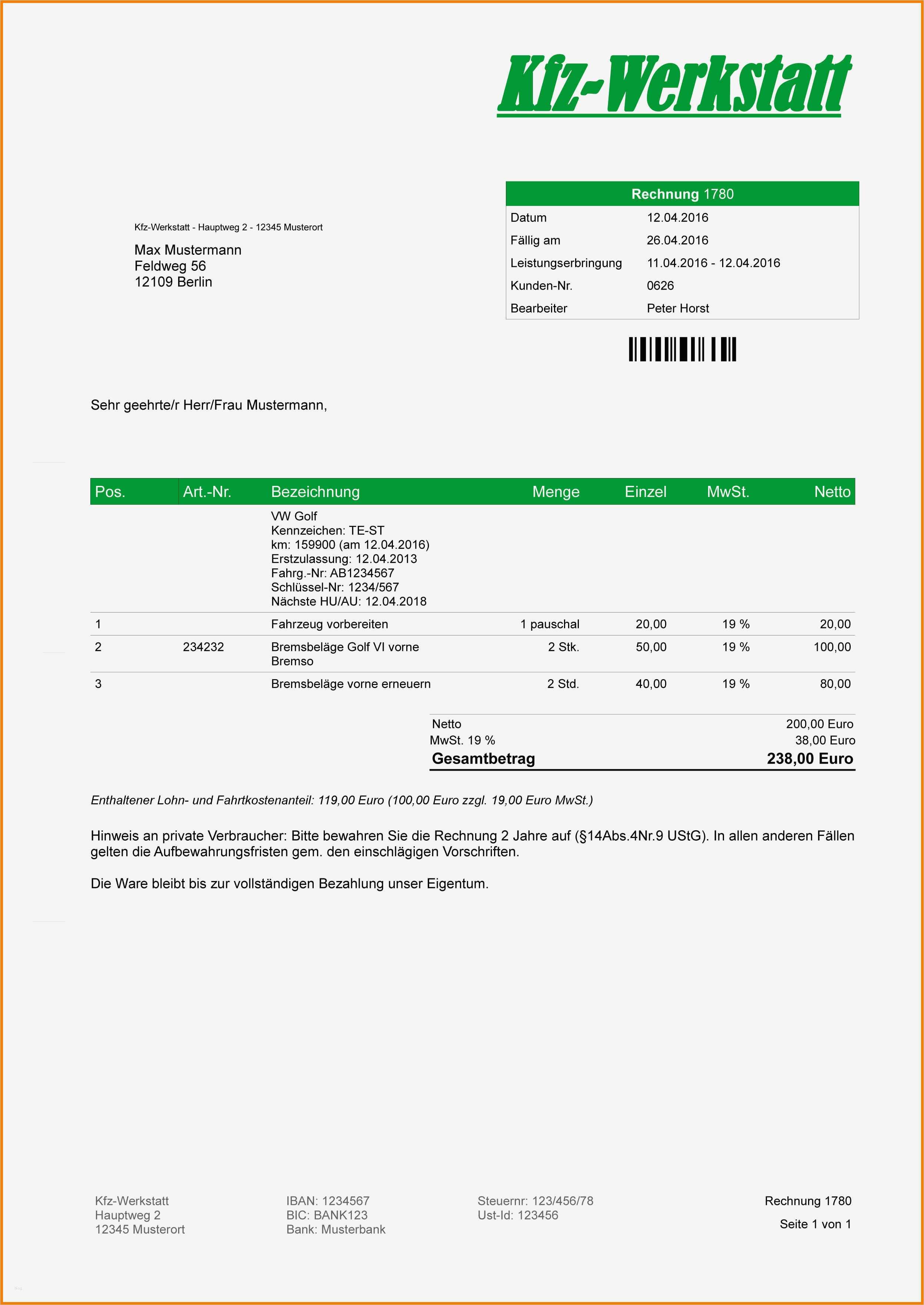 Word Vorlage Rechnung Bewundernswert 8 Kfz Rechnung Muster