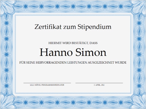 Word Vorlage Zertifikat Süß Zertifikat Zum Stipendium formeller Blauer Rahmen