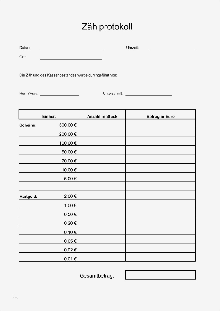 Zählprotokoll Kasse Vorlage Erstaunlich Zählprotokoll Kasse