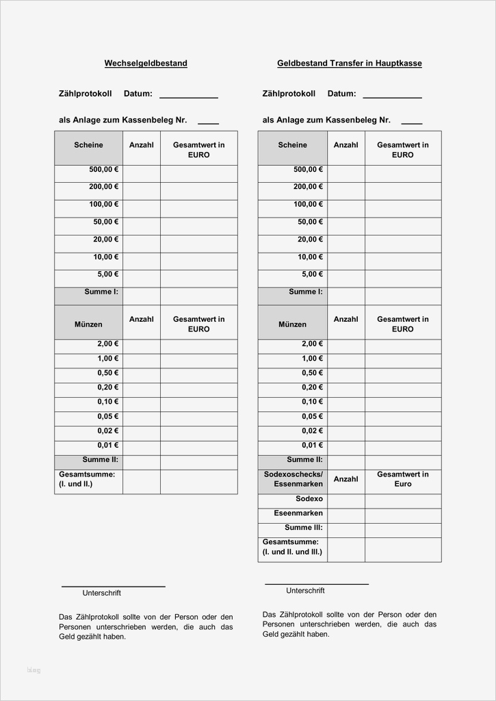 Zählprotokoll Vorlage Genial Muster Zählprotokoll Kasse Mit Schecks Und Essenmarken