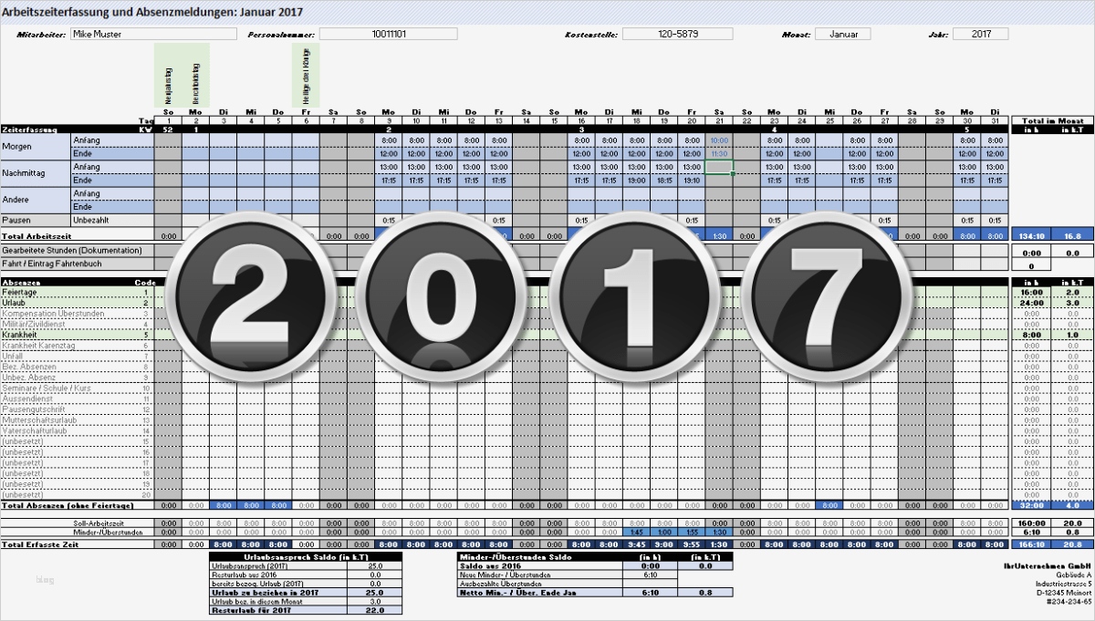 Zeiterfassung 2017 Excel Vorlage Kostenlos Schön Arbeitszeiterfassung 2017 – Excelnova