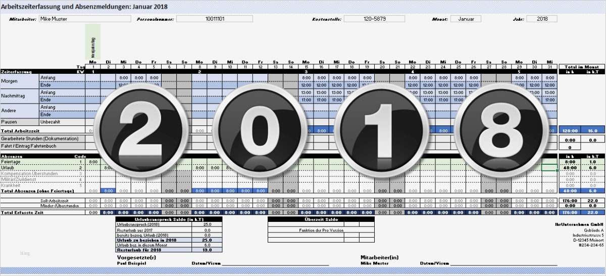 Zeiterfassung Excel Vorlage Kostenlos 2017 Wunderbar Arbeitszeiterfassung 2018 Und Anleitung – Excelnova
