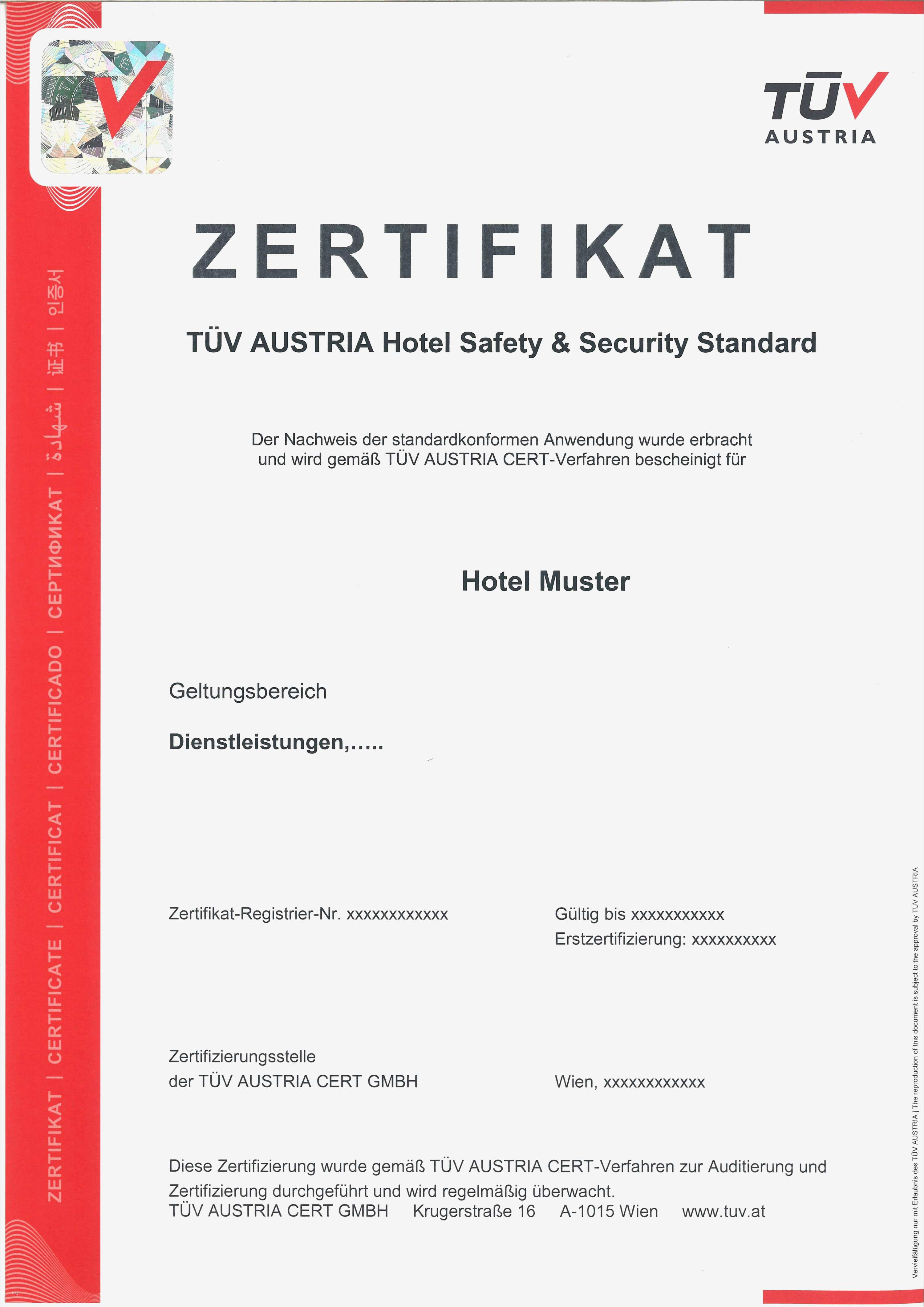 Zertifikat Vorlage Erstaunlich Hotel Safety & Security – TÜv Austria
