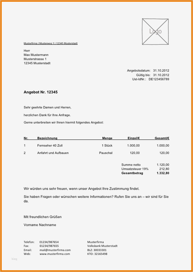 Zusage Angebot Vorlage Großartig 11 Offerte Vorlage