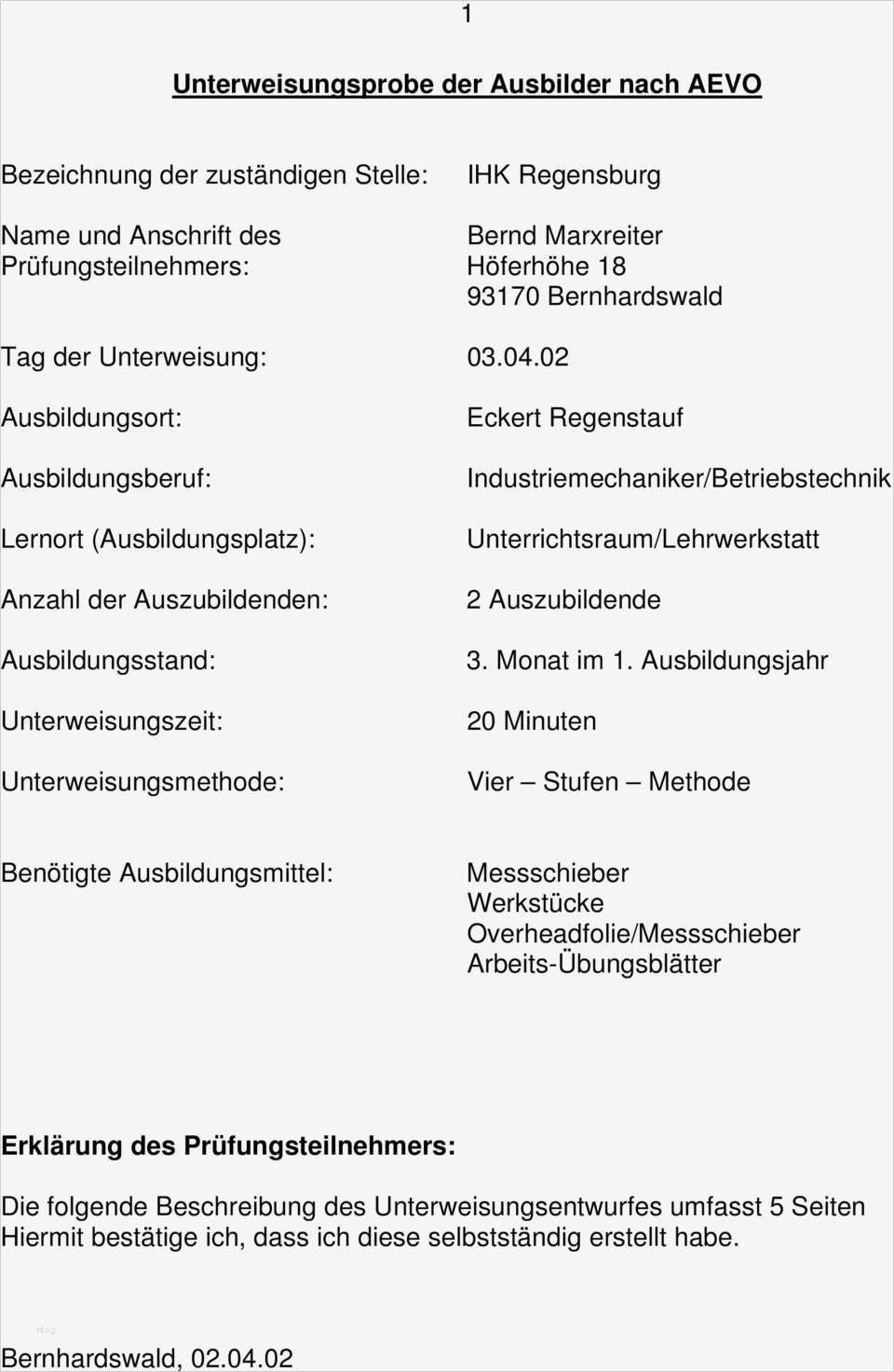 Aevo Konzept Vorlage Erstaunlich Unterweisungsprobe Der Ausbilder Nach Aevo Bezeichnung