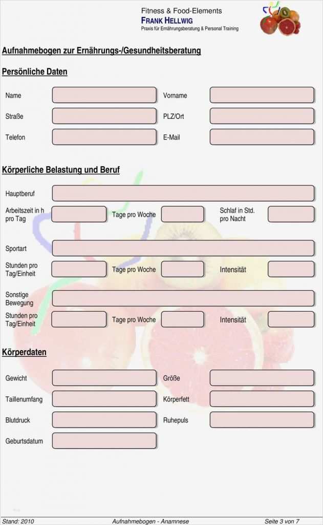 Anamnesebogen Personal Training Vorlage Schönste Ihr Aufnahmebogen Zur Ernährungsberatung Fitness &amp; Food