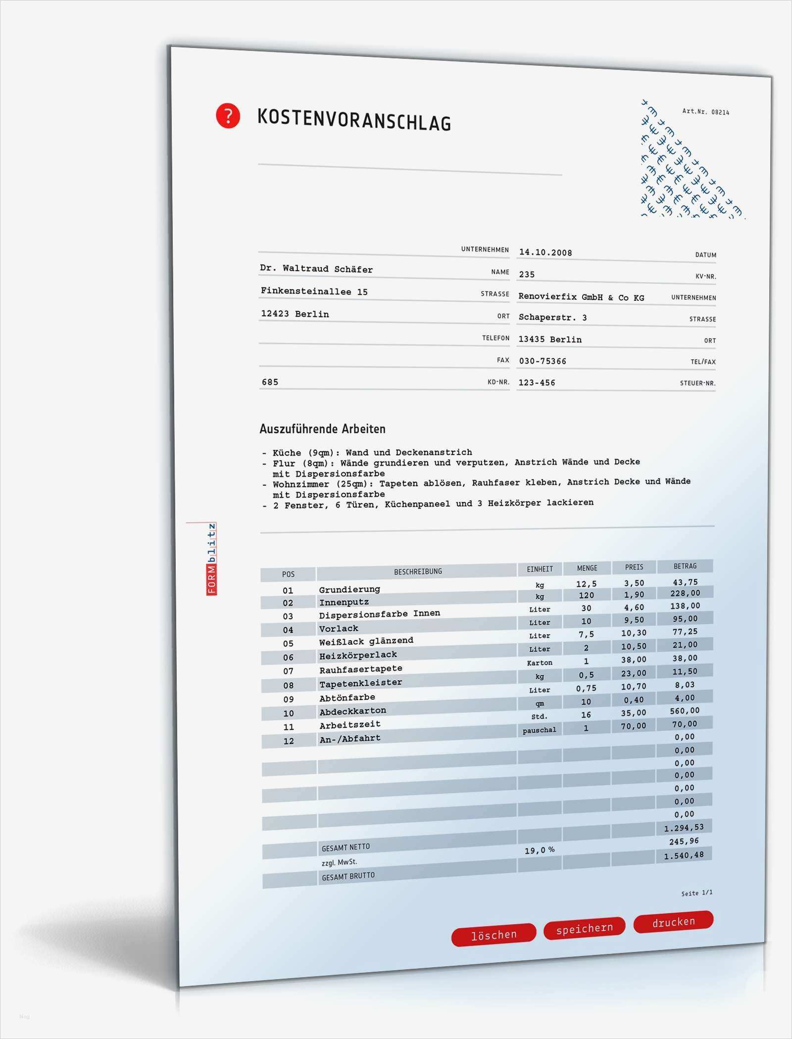 Angebot Dienstleistung Vorlage Genial Kostenvoranschlag Angebot Malerbetrieb Vorlagen Zum Download