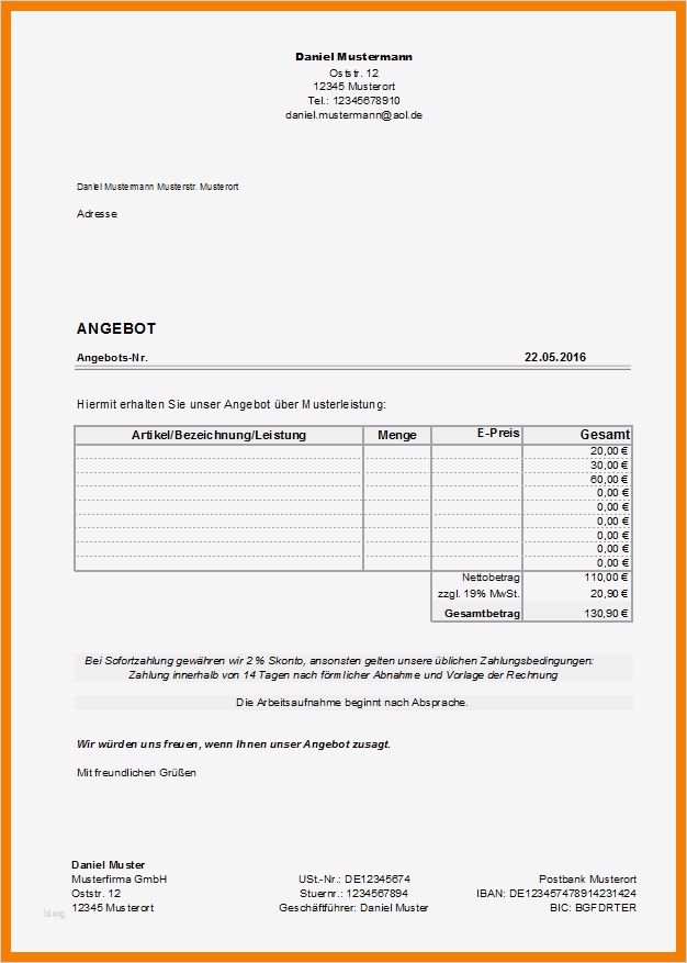 Angebot Freelancer Vorlage Erstaunlich 11 Angebot Muster Word