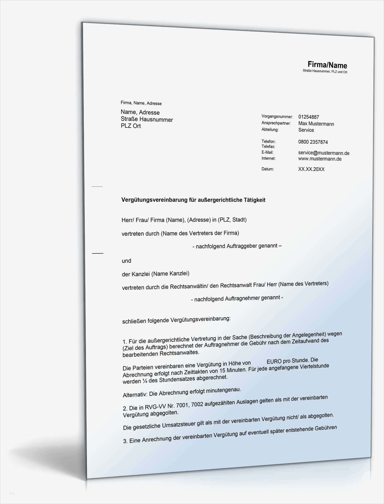 Außergerichtliche Einigung Vorlage Einzigartig Vergütungsvereinbarung Bei Außergerichtlichen Tätigkeiten