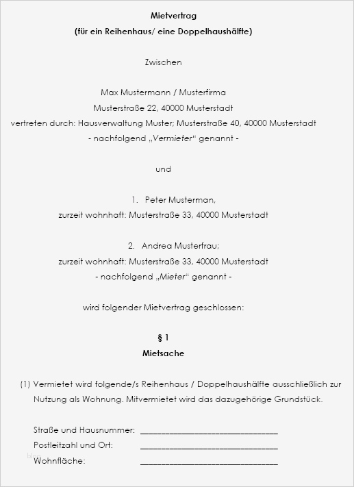 Auszugsbestätigung Mieter Vorlage Angenehm Mietvertrag Vorlage Reihenhaus Doppelhaus Zum Download