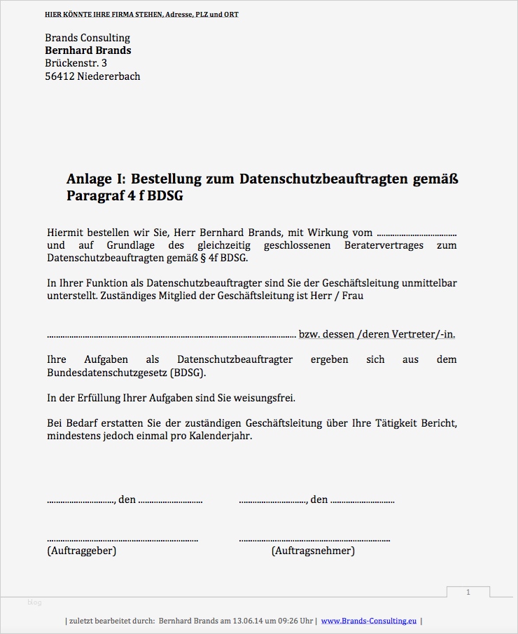 Bestellung Vorlage Muster Erstaunlich Externer Datenschutzbeauftragter Brandsconsulting