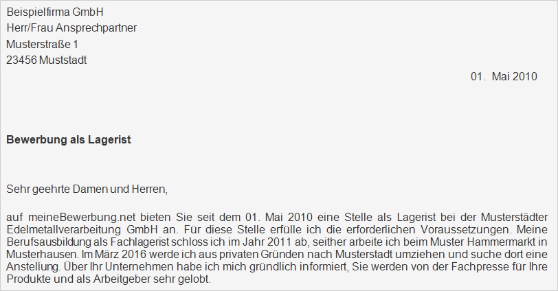 Bewerbung Als Fachlagerist Vorlage Gut Lagerist Anschreiben