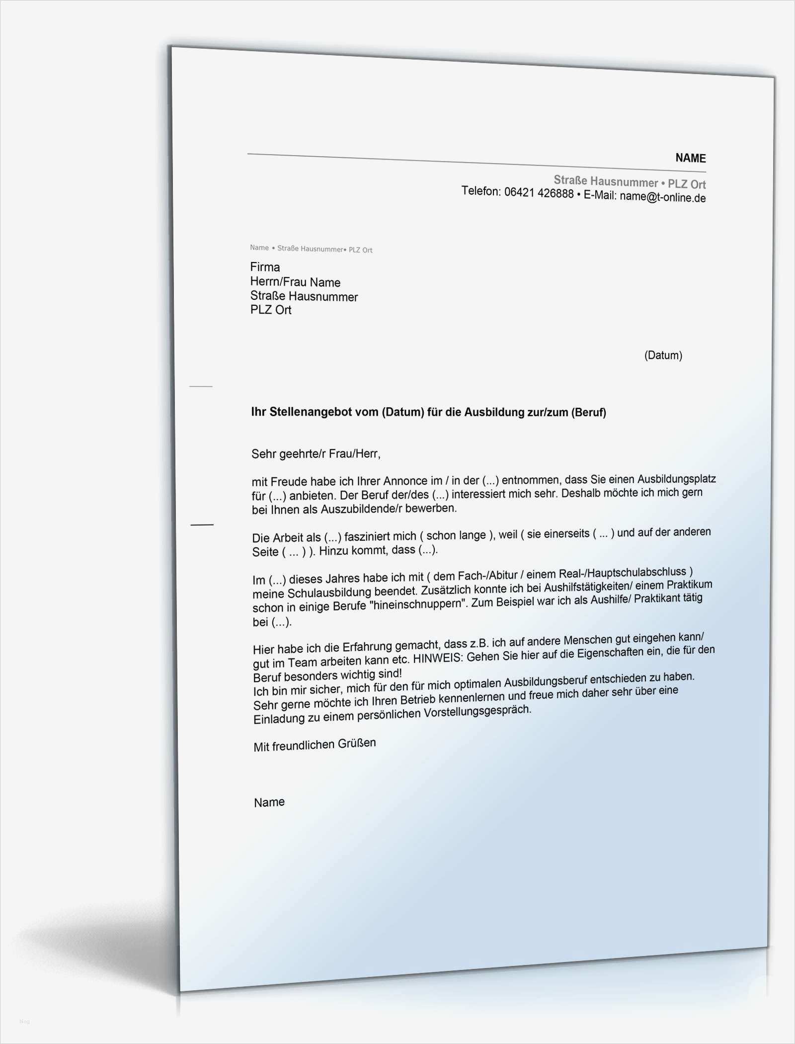 Bewerbung Ausbildungsplatz Vorlage Schönste Bewerbung Ausbildungsplatz