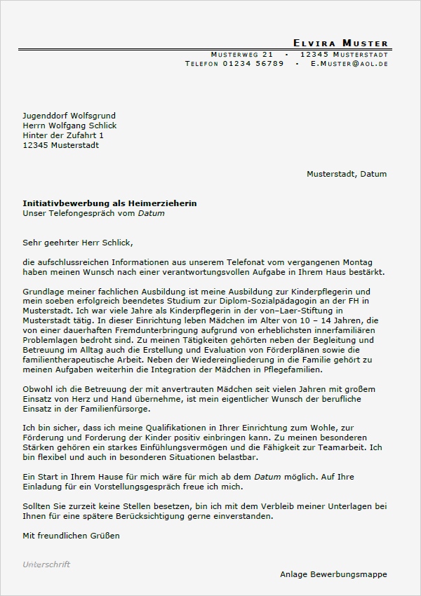Bewerbung Erzieherin Vorlage Einzigartig Bewerbung Heimerzieher Berufseinsteiger sofort Download
