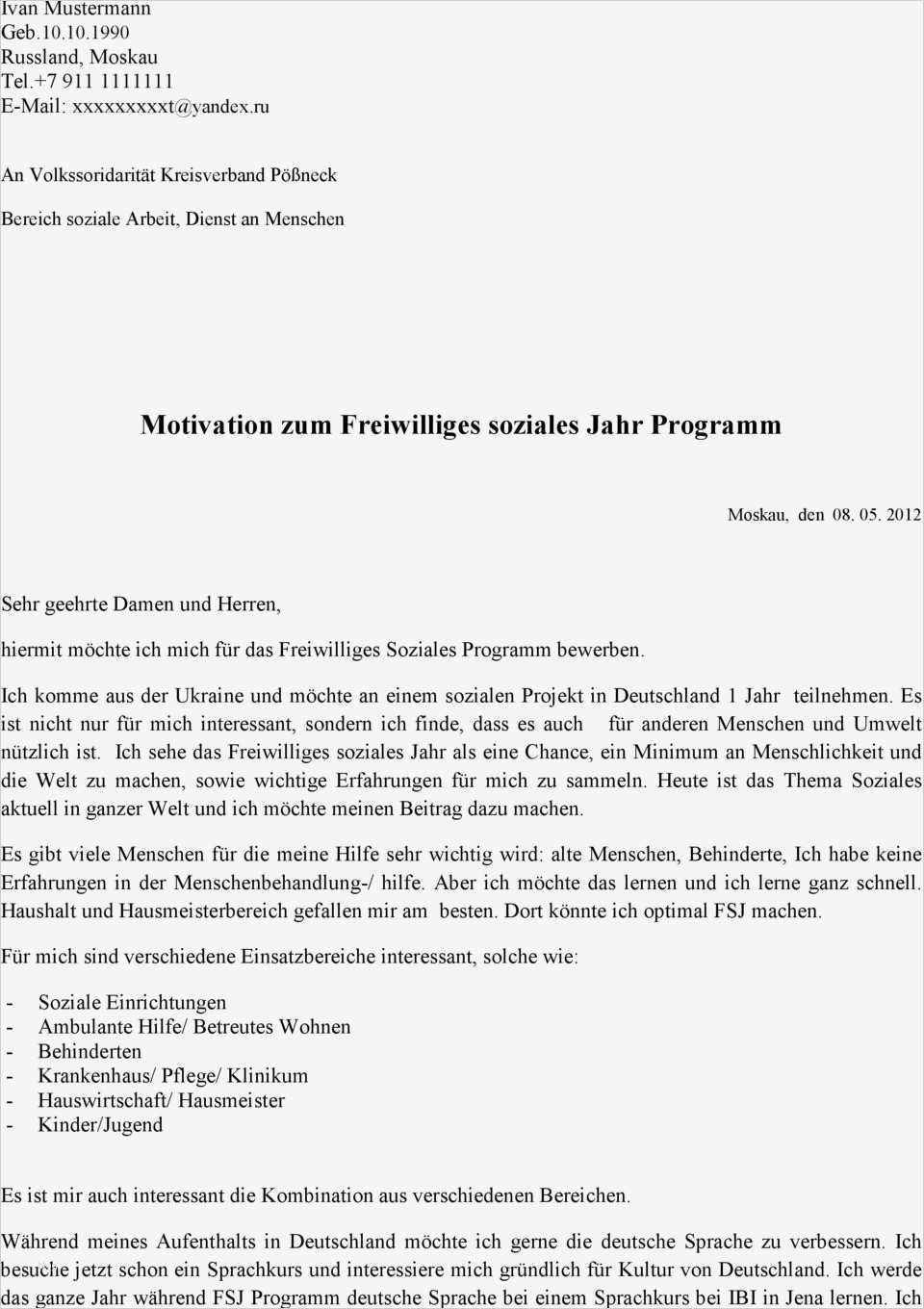 Bewerbung Für Ein Fsj Vorlage Schön Motivationsbrief Für Bundesfreiwilligen Nstprojekt In