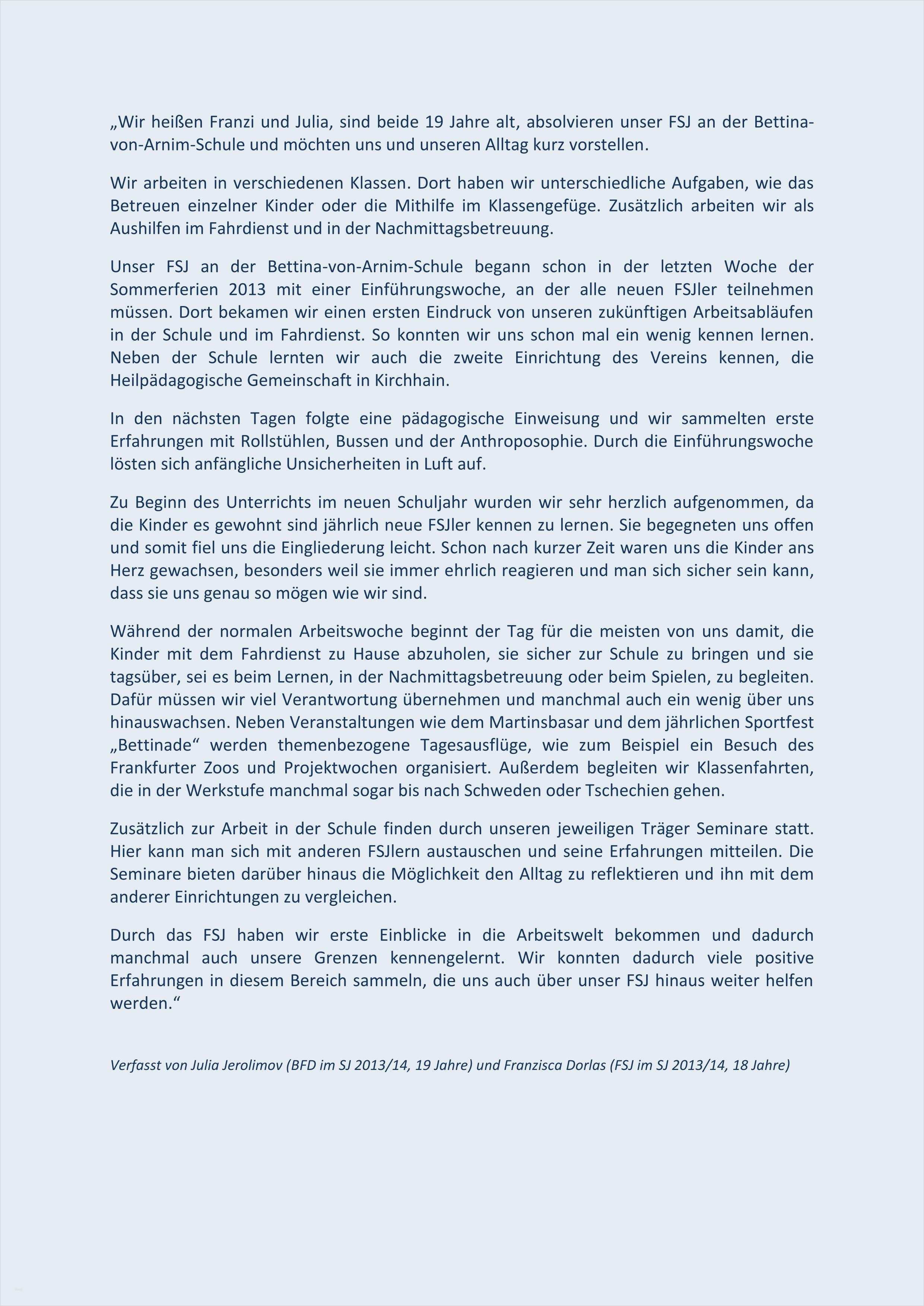 Bewerbung Für Fsj Vorlage Erstaunlich Bettina Von Arnim Schule Freiwilligen Nste