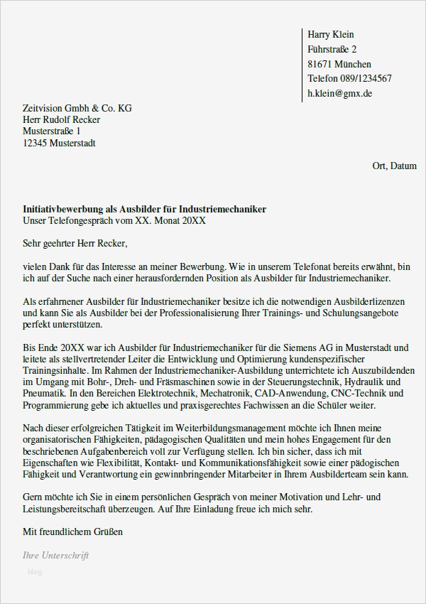 Bewerbung Ausbilder für Industriemechaniker gekündigt
