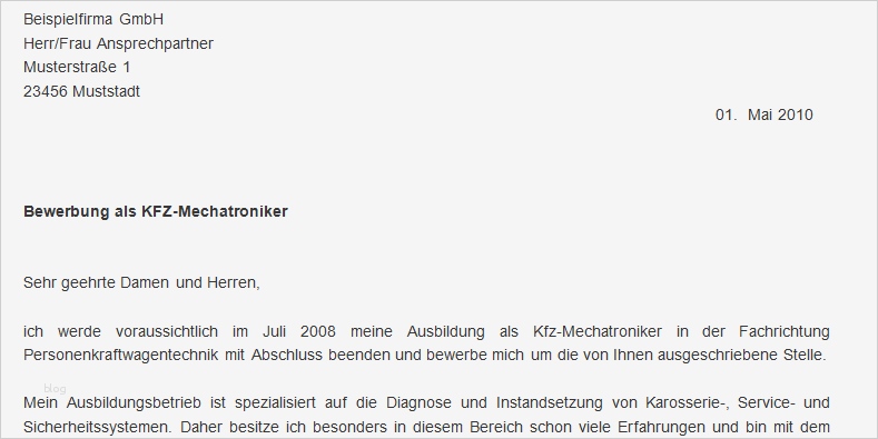 Bewerbung Mechatroniker Vorlage Einzigartig Bewerbungsschreiben Als Kfz Mechatroniker Meinebewerbung