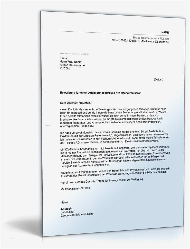 Bewerbung Mechatroniker Vorlage Erstaunlich Anschreiben Bewerbung Um Einen Ausbildungsplatz Kfz