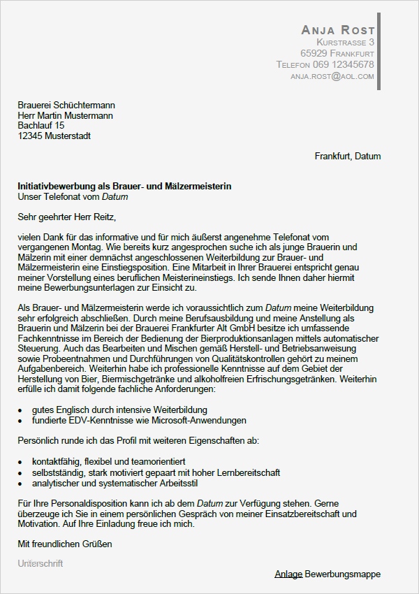 Bewerbung Meisterstelle Vorlage Elegant Bewerbung Brauer Mälzer Meister Berufseinsteiger