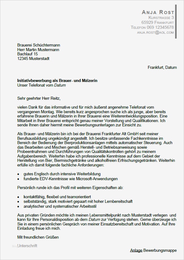 Bewerbung Meisterstelle Vorlage Großartig Bewerbung Brauer Mälzer Ungekündigt Berufserfahrung