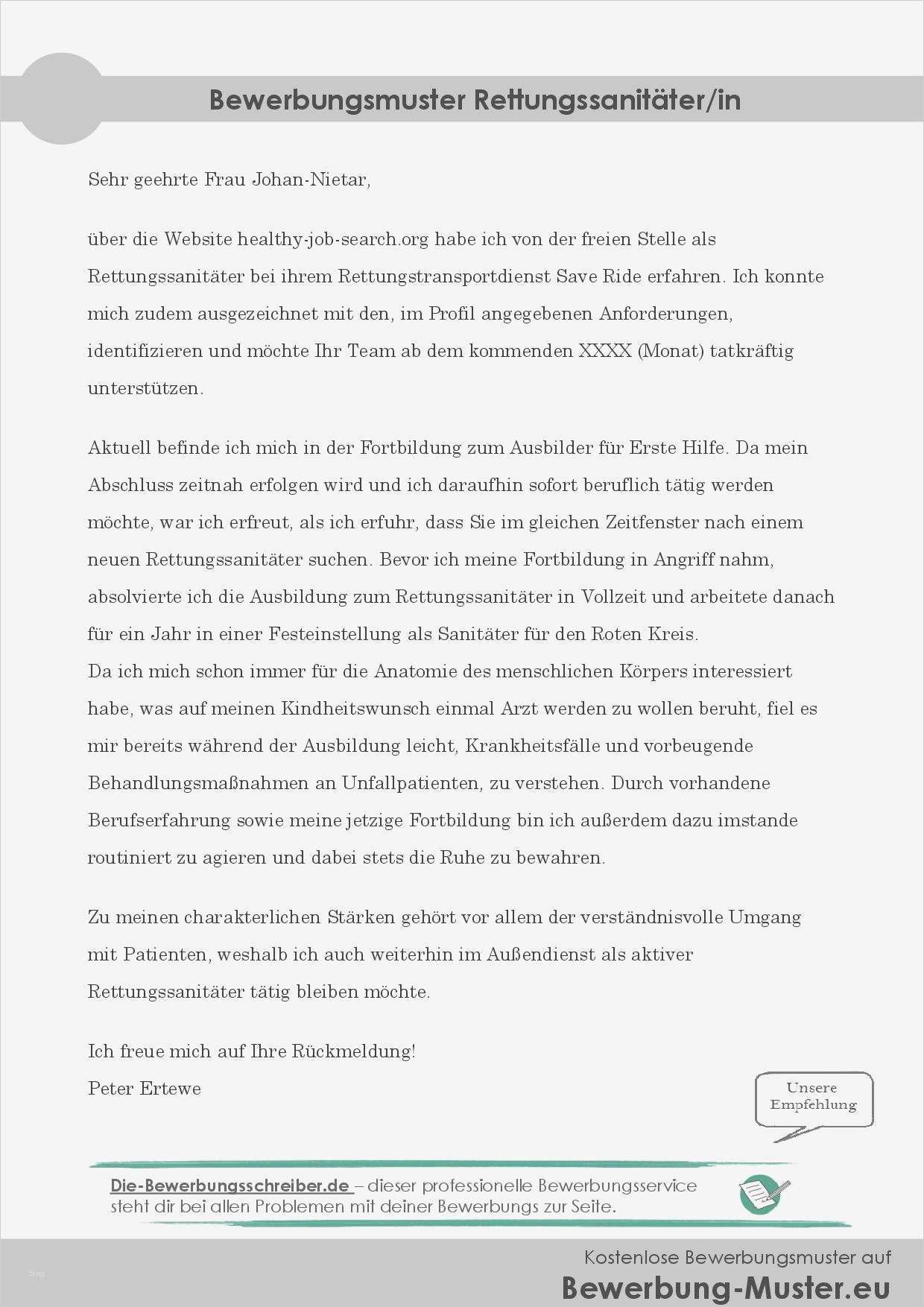 Bewerbung Rettungssanitäter Vorlage Erstaunlich Kostenlose Bewerbungsvorlage – Rettungssanitäter In