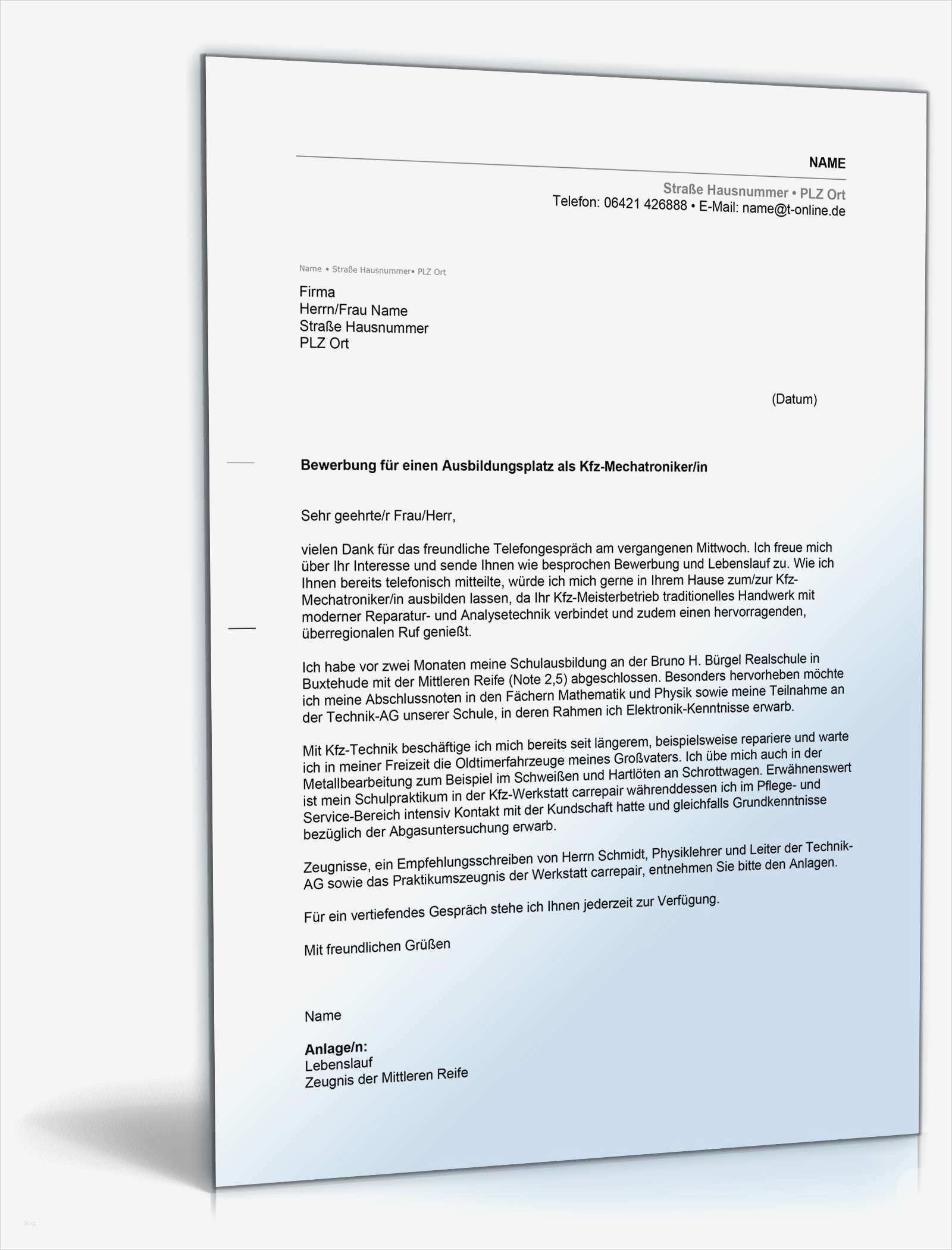 Bewerbung Zum Kfz Mechatroniker Ausbildung Vorlagen Süß Anschreiben Bewerbung Ausbildung Kfz Mechatroniker